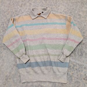 Vintage Tomboy Pastel Striped Collared Sweatshirt 80s 90s Unisex Cozy Retro Rare